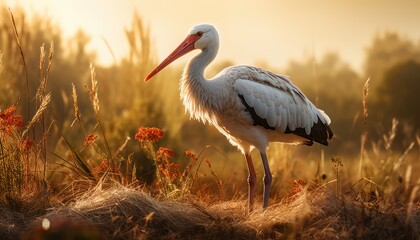 Majestic White Stork Bird Standing in Field