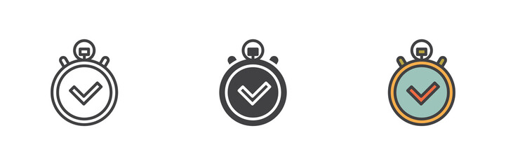 Stopwatch with check mark different style icon set