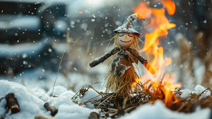 burning of the Maslenitsa straw effigy, farewell to winter, carnival, bonfire, holiday, shrovetide, traditional pagan rite, folk festival, fire, flame, people, doll, symbol, handmade, scarecrow, macro