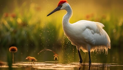 White Crane Bird With Red Head Standing in Water - obrazy, fototapety, plakaty