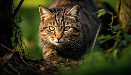 Naklejka na ściany i meble European Wildcat Walking Through Grass Near Tree