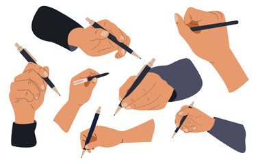 Flat illustration of human hands holding a pen.  Different positions of hands with pens. Hands writing. Concept of education and training, deal concept, signing a contract. Vector cartoon illustration