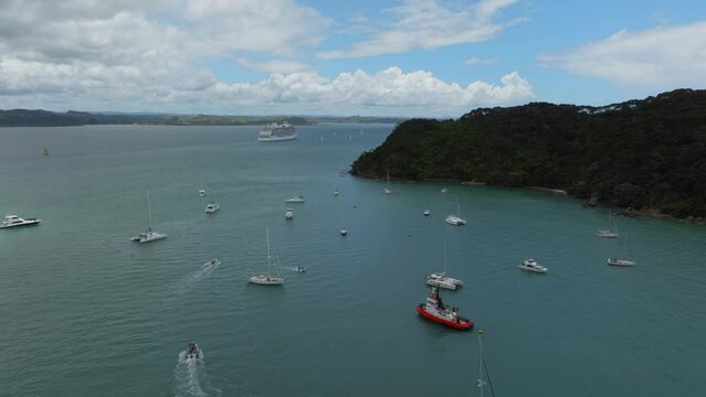 Aerial: Boats in the harbour. Russell in the Bay of islands. Northland, New Zealand.