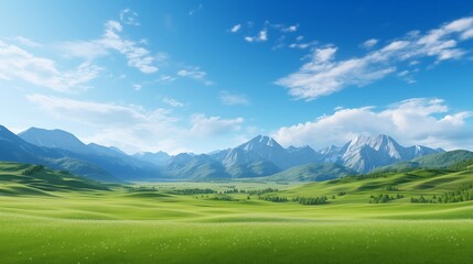 Obraz premium A panoramic view of a tranquil grassland, the vibrant green grass contrasting beautifully with the azure sky and fluffy clouds, and a range of mountains providing a majestic backdrop