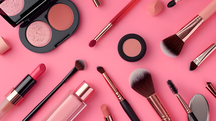 Group of trendy makeup products and brushes isolated on a pink background. Make up equipment