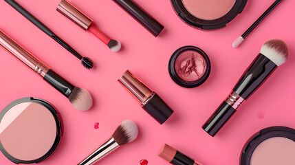 Group of trendy makeup products and brushes isolated on a pink background. Make up equipment