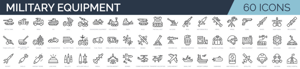 Set of 60 outline icons related to military equipment. Linear icon collection. Editable stroke. Vector illustration - obrazy, fototapety, plakaty