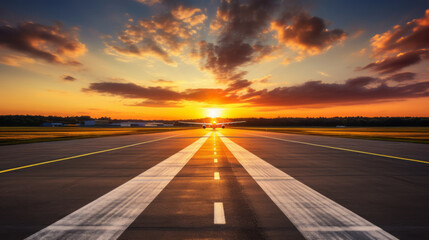 Runway, airstrip in the airport terminal with marking on blue sky with clouds background. Travel aviation concept. - obrazy, fototapety, plakaty