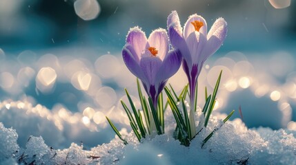Crocuses open amidst snow patches, close-up, anticipation of spring, nature awakens