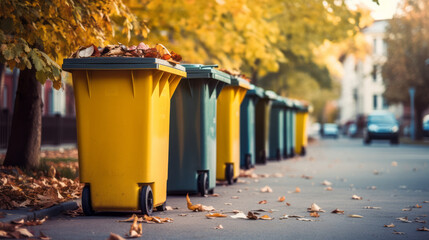 Three colorful trash cans for sorting garbage. For plastic, glass and paper - obrazy, fototapety, plakaty