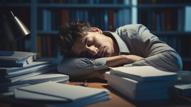Funny photo of businessman sleeping at table full of documents with pen in his nose. Isolated on white background - Powered by Adobe
