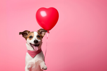 Cute Jack Russel Terrier dog with a heart shaped balloon on pink background, fun love and Valentine's day or birthday greeting card - obrazy, fototapety, plakaty