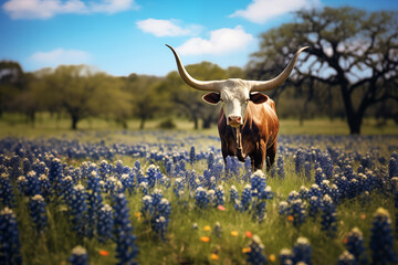 Texas Longhorn cow in a field of bluebonnets in spring - Powered by Adobe