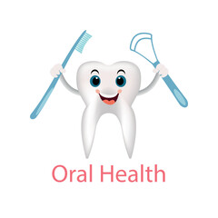 World Oral Health Day.cartoon of smiling tooth on white background.in his hands a toothbrush and mouth cleaner.