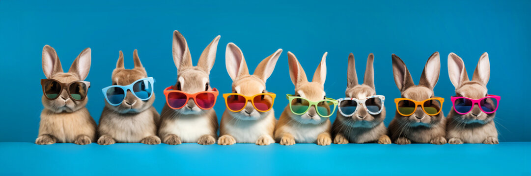 Row of cute bunnies wearing colorful sunglasses, funny animal, fun and cool pet Easter panoramic web banner