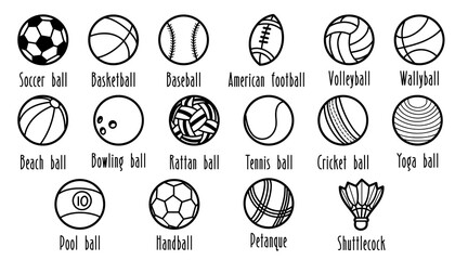 Collection of various sports balls and equipment, icons doodle line art style, vector illustration.