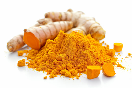 Fresh and Dried Turmeric, isolated on white. turmeric powder spices.