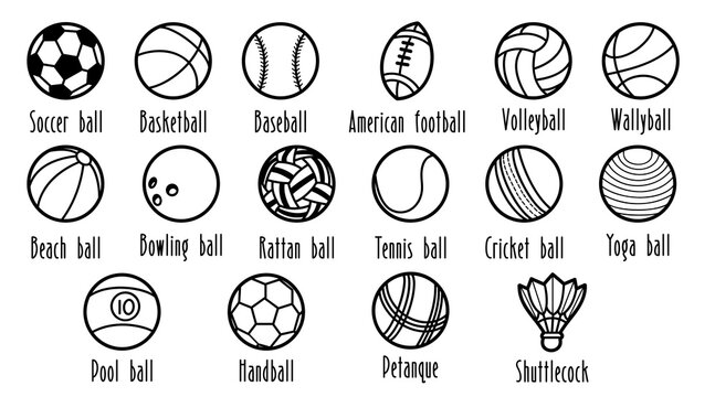 Collection of various sports balls and equipment, icons doodle line art style, vector illustration.