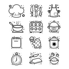 Collection of cozy kitchenware and utensils elements, cute hand drawing icons, vector illustration.