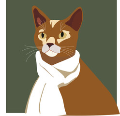 A brown cat with a muffler in a green background