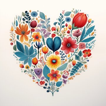 Bright heart of painted flowers on white background, design for Valentine's Day, heart of flowers 
