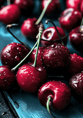 Fresh Popping Cherries: Vibrant Teal Background Close-Up