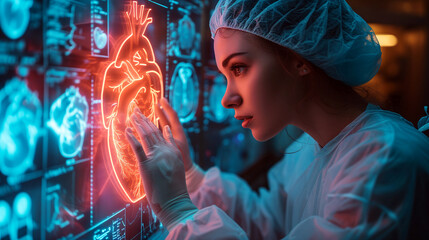 Portrait of a doctor woman looking at augmented reality medical display.