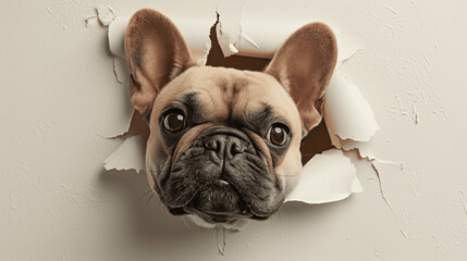 Adorable French Bulldog Playfully Peeking Through Paper Wall - obrazy, fototapety, plakaty