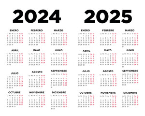Calendario 2024 2025 en español. Semana comienza el lunes. Sábados y domingos en rojo. Ilustración	
 - obrazy, fototapety, plakaty