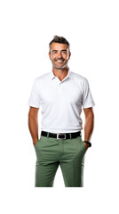 Lone golfer standing happily smiling on PNG transparent background.