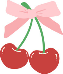 Coquette cherries with ribbon bow flat design - obrazy, fototapety, plakaty