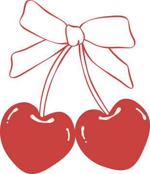 Coquette cherries heart shape with ribbon bow flat design