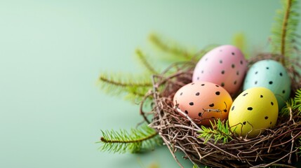 Fototapeta na wymiar Decorated easter eggs in a nest on a light-green background with a copy space, top view. AI generative