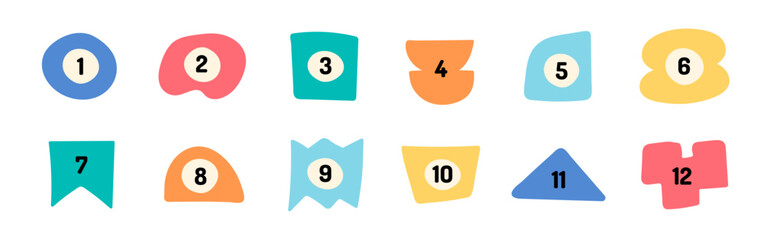 Cute doodle drawing bullet points 1 to 12. Funny shapes numbers set childish style