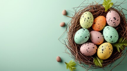 Decorated easter eggs in a nest on a light-green background with a copy space, top view. AI generative