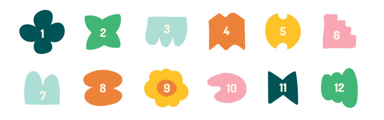 Cute doodle drawing bullet points 1 to 12. Funny shapes numbers set childish style