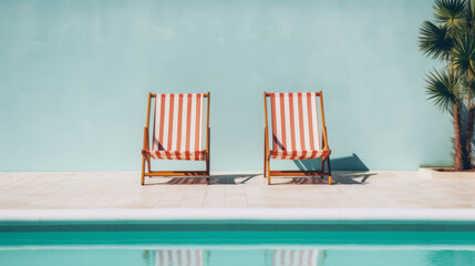 minimalist image, two sunbeds near a blue pool