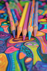 Colorful wooden pencils and playful doodles. Handmade children's crayons and drawings close-up.