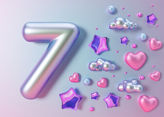 Shiny number seven on light violet, gradient background with holographic stars, hearts. Symbol 7. Seventh girl birthday party, women's business anniversary. Festive event. Soft, pastel colors. 3D.