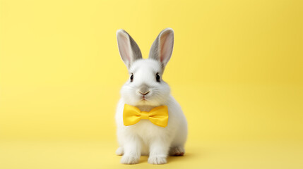 Obraz premium A white-colored rabbit wearing a yellow bow tie, stands alone with ample room for an Easter-themed, studio setting on a yellow background