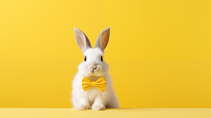 Fototapeta na wymiar A white-colored rabbit wearing a yellow bow tie, stands alone with ample room for an Easter-themed, studio setting on a yellow background