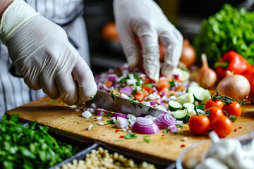 Chef cutting vegetables on the table in a restaurant - obrazy, fototapety, plakaty