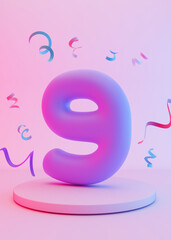 Violet, vibrant number nine on pink background with confetti. Symbol 9. Ninth birthday party, business anniversary. Festive event. Vertical picture. Neon colors. 3D render.