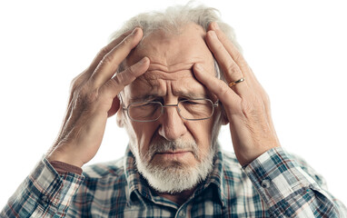 An elderly man suffers from a headache and puts her hands on her temples