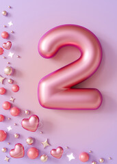 Pink number two on light violet gradient background with shiny hearts and stars. Symbol 2. Second girl birthday party, female business anniversary, or event celebrating a second milestone. 3D.