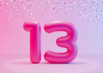 Foto op Plexiglas Vibrant number thirteen with colorful confetti on pink background. Symbol 13. Invitation for a thirteenth birthday party or business anniversary. Neon light and colors. 3D render. © Creative_Bird
