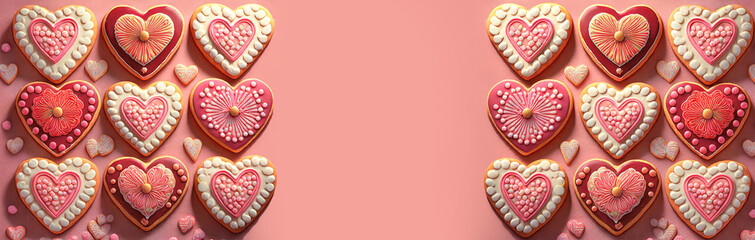 Walentynkowe tło z lukrowanymi ciasteczkami w kształcie serc i miejscem na tekst