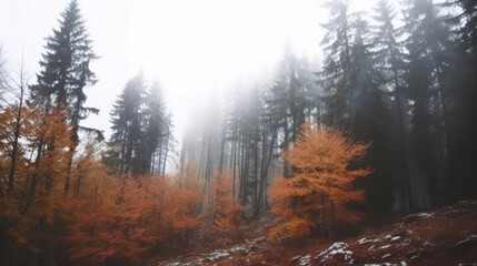 Fototapeta na wymiar Autumn forest with fog and snow high in the mountains.