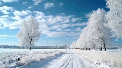 Dirt road leading to frosted woodland along snowy farmland under blue sky with white fluffy clouds Ai Generative.