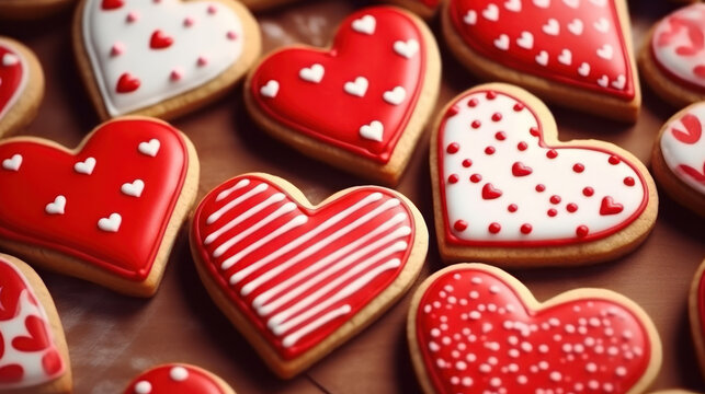 Heart shaped cookies icing for Valentine's day delicious homemade natural pastry, baking with love for Valentine's day, love concept. Ai generative.
